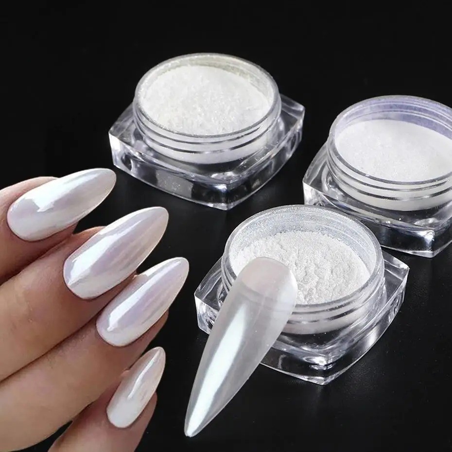 Moonlight Pearl White Nails | Glitter Dust Chrome Aurora Shell Pigment Nail Art