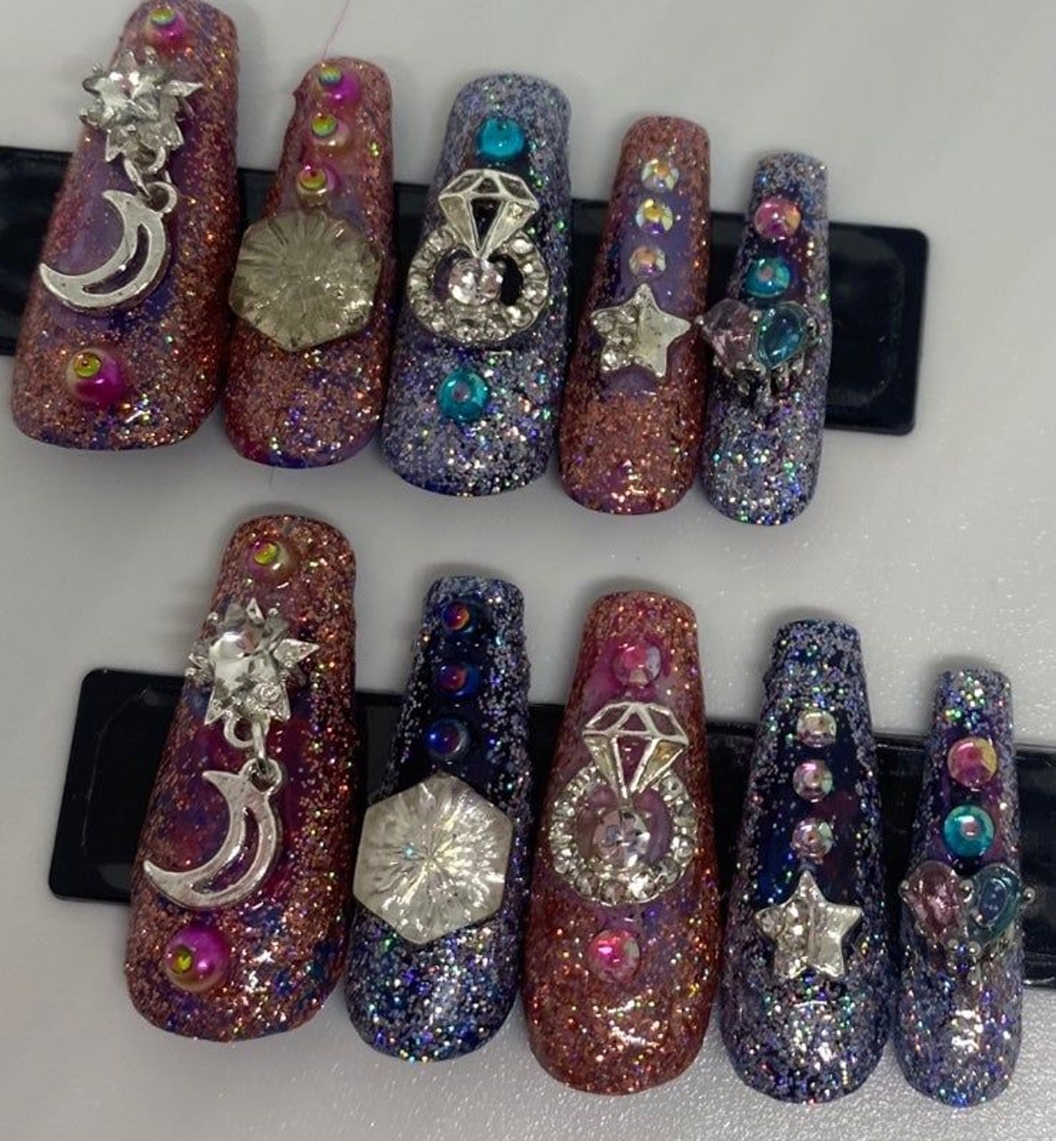 Pink and Blue Glitter Glam Handmade Press On Nail Set