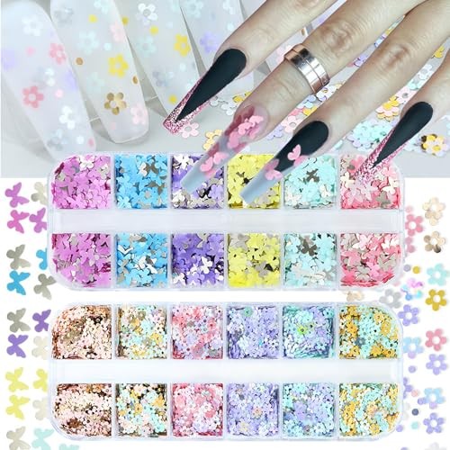 2 Boxes 12 Grids Flowers & Butterfly Nail Art Glitter Sequins Colorful Floral