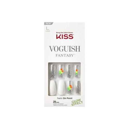 KISS – Voguish Fantasy Fake Nails, Long Coffin, Afterglow Silve White, 28 Count