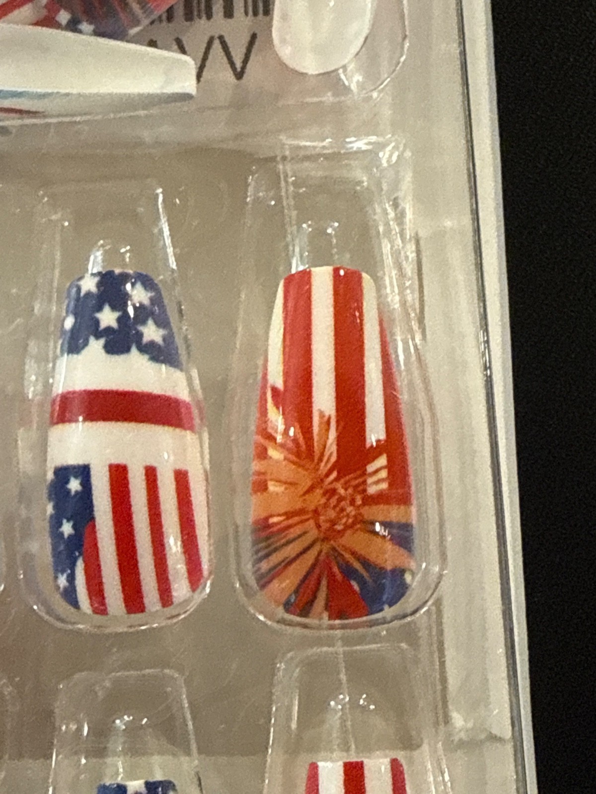 4th Of July Long Coffin Nails 24pc Red White Blue Stars Stripes Fireworks Flags