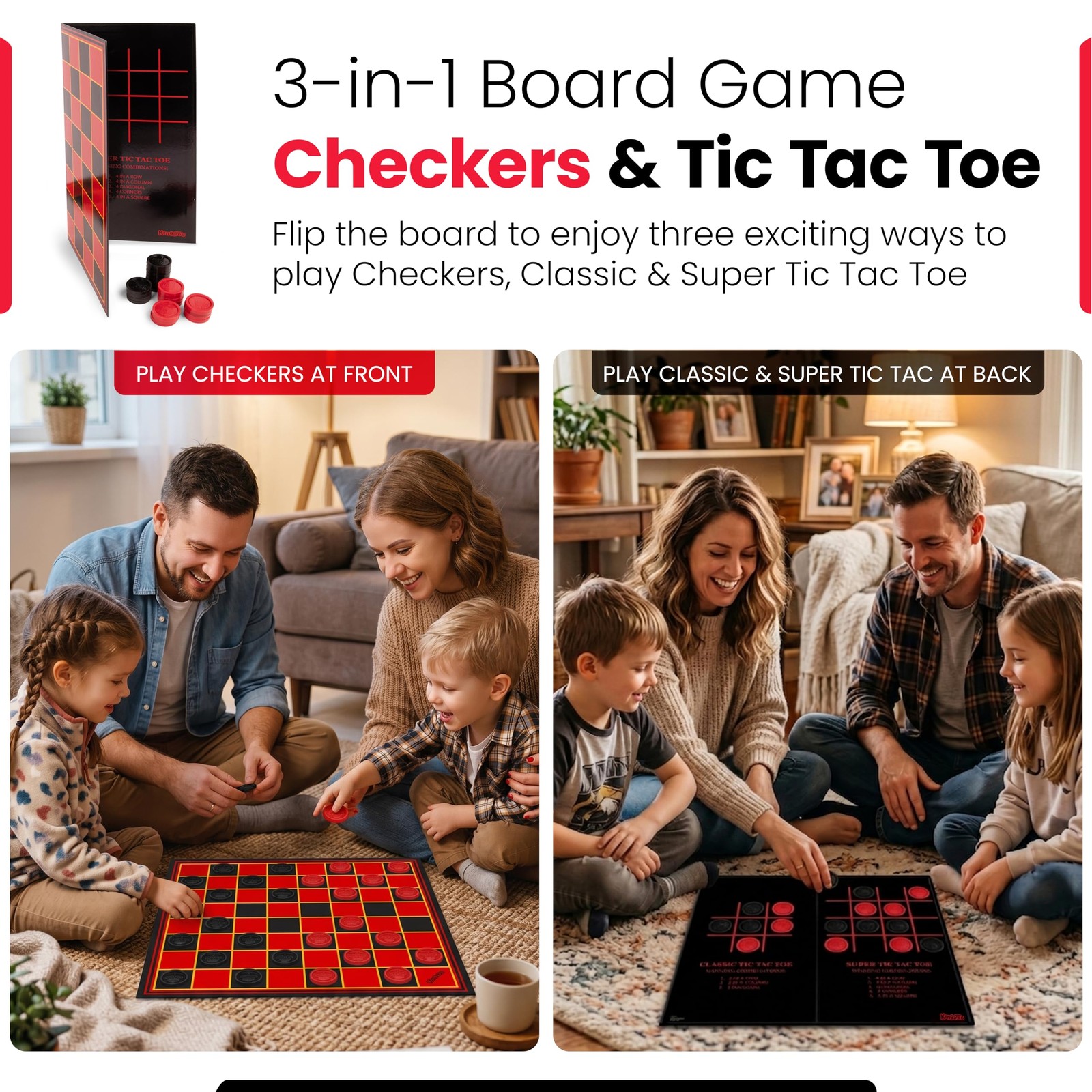 Kangaroo – Multiplayers Strategy Checker Board 15 x 15 inches, Red and Black
