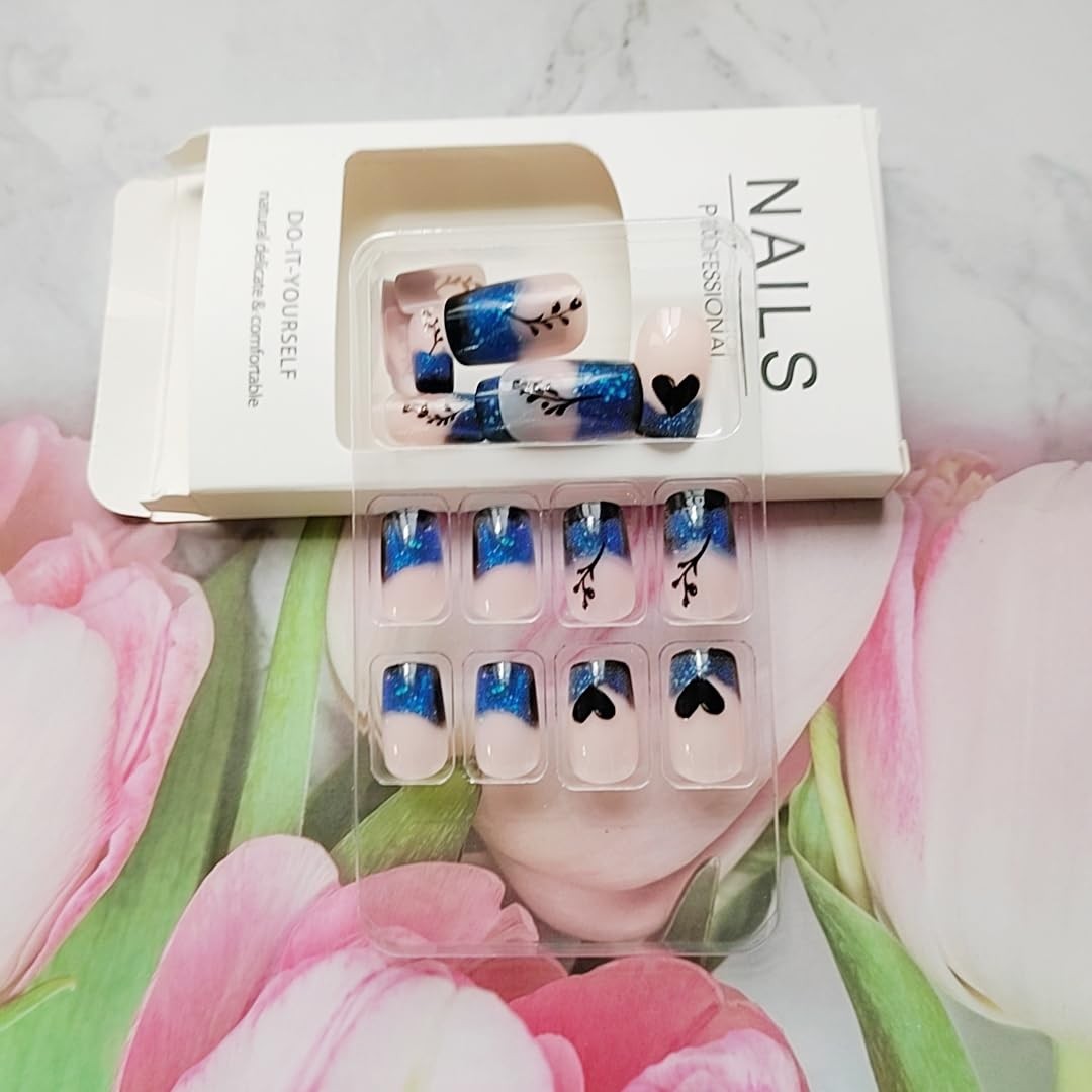 24 Pcs Blue Gradient French Tip Press on Nails Short Square Shaped False Q11