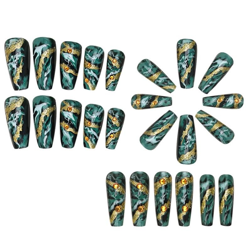 Green Press on Nails Medium Coffin Fake Nails Dark Green Marble False Nails Gold