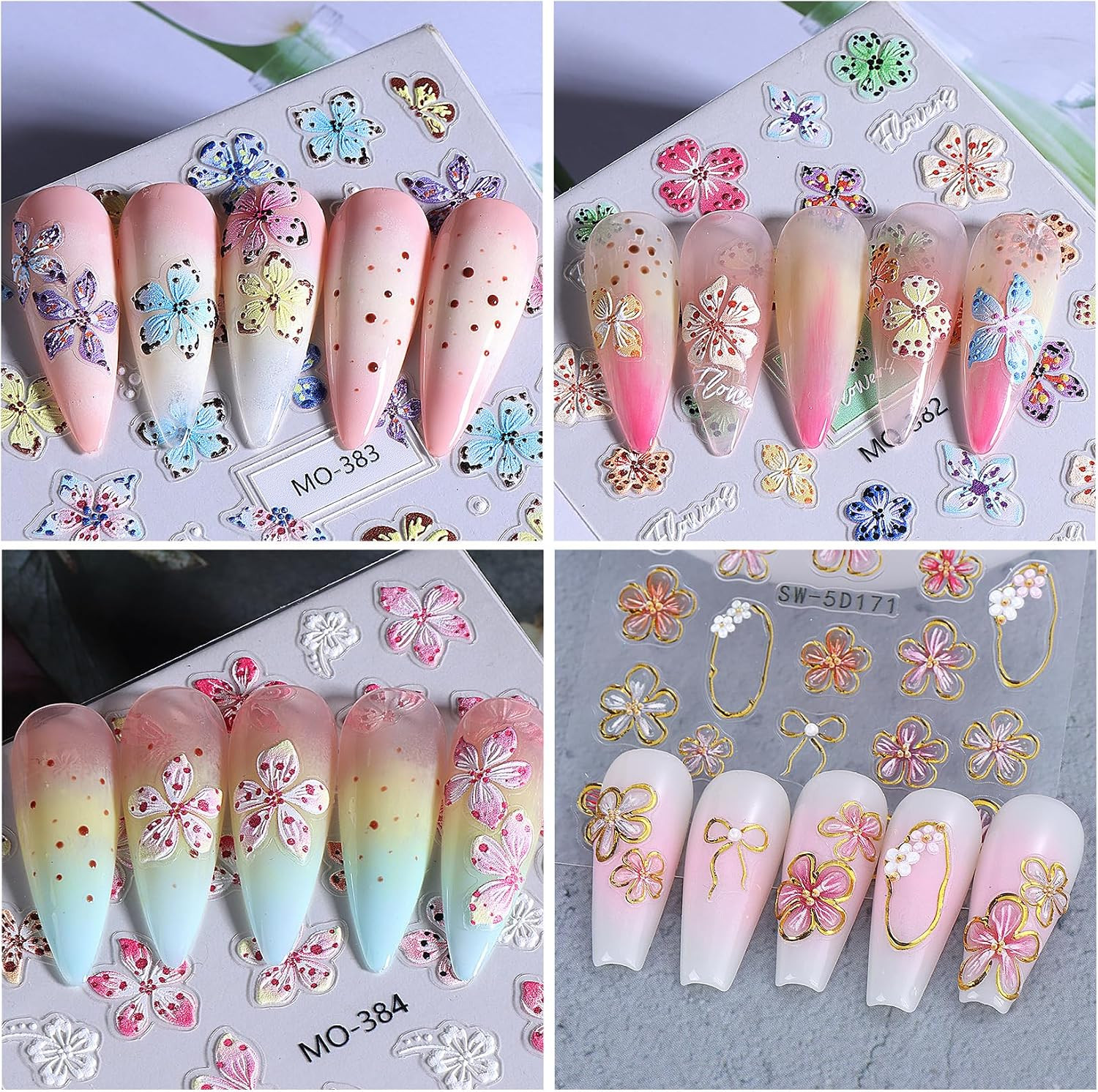 Flower Nail Art Stickers Decals 6PCS 5D Embossed Hibiscus Nail Stickers Self Adh