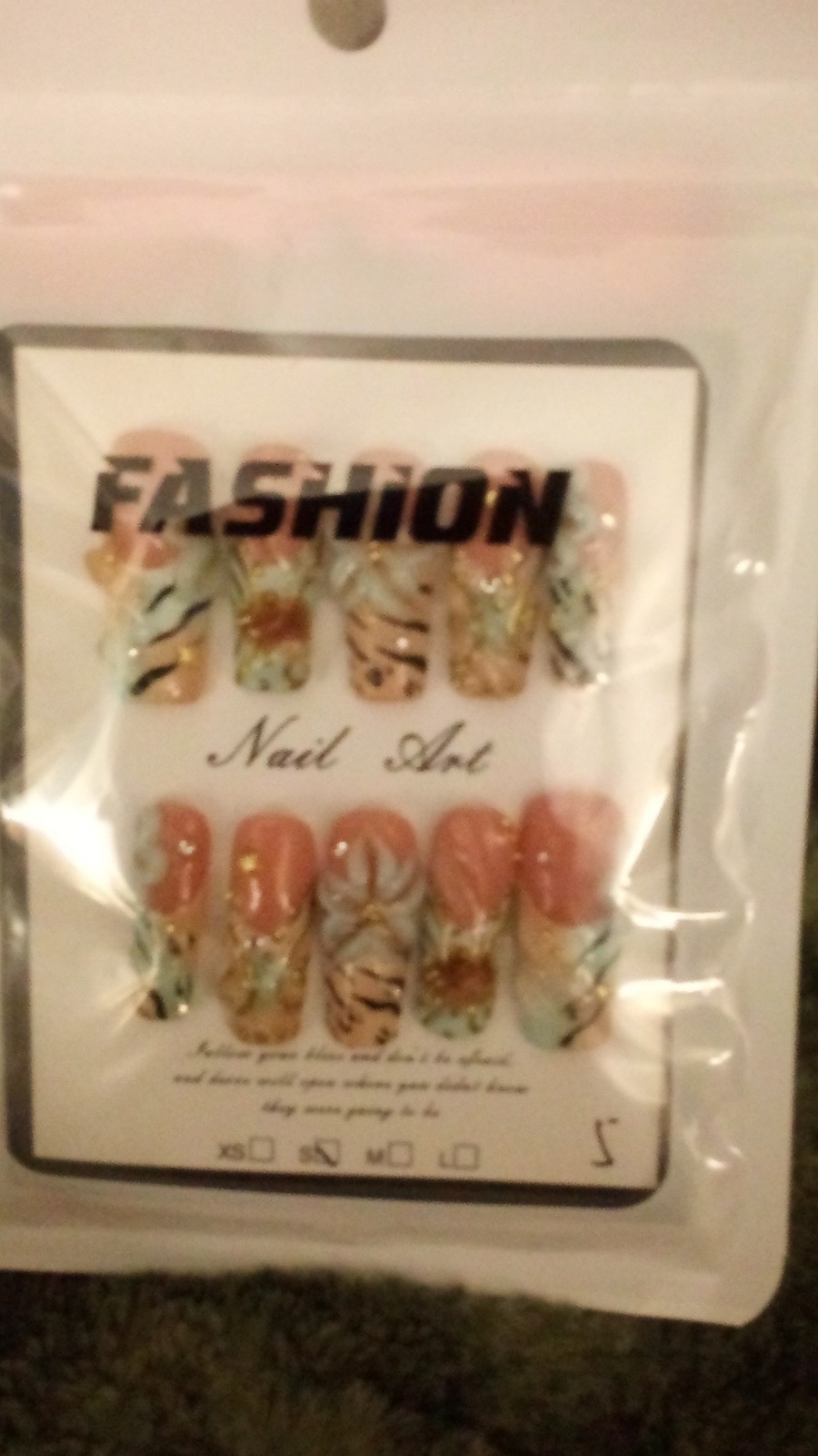 Fashion 3D Press-On Nails Peach Blue Gold medium Square Animal Floral