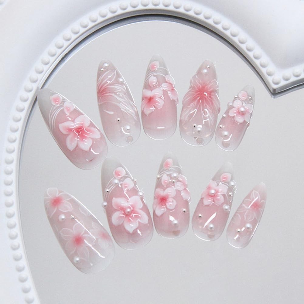 Almond Shape Press on Nails Medium Fake Nails with 3D Flower Line Pearl Handm…