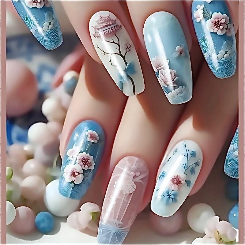 24pc Blue Pink Flowers Floral Sakura Cherry Blossom Press On Nails Long Ballet