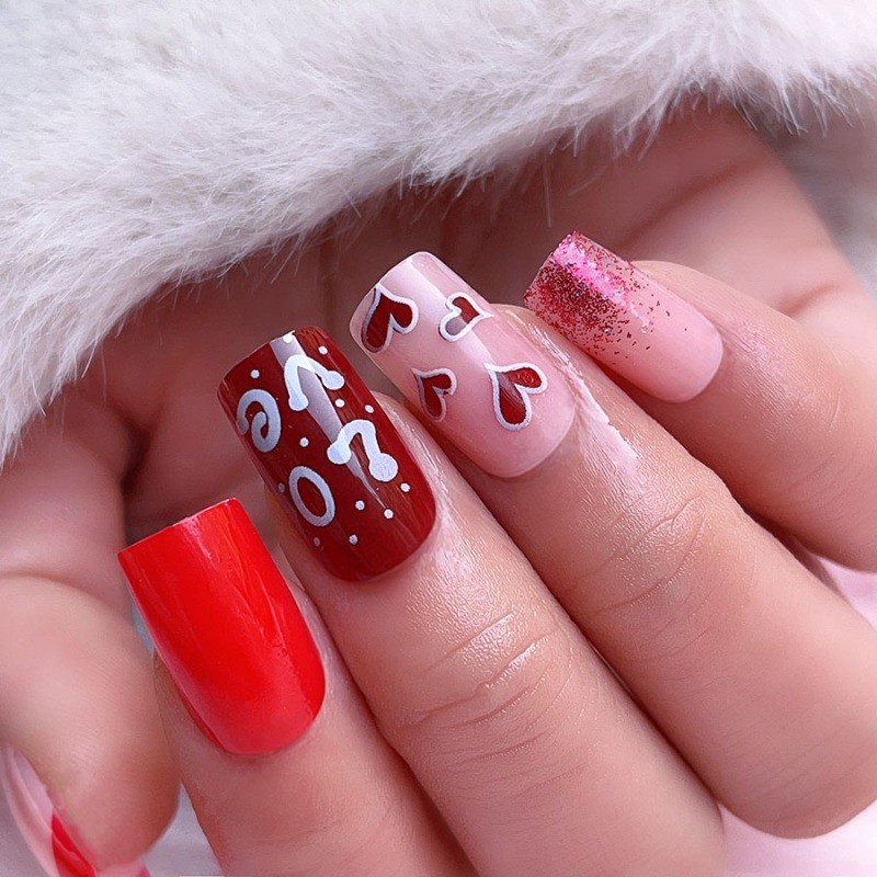 Cute Love Themed Press on Nails with Heart Prints, “Love” Lettering and Sparkle