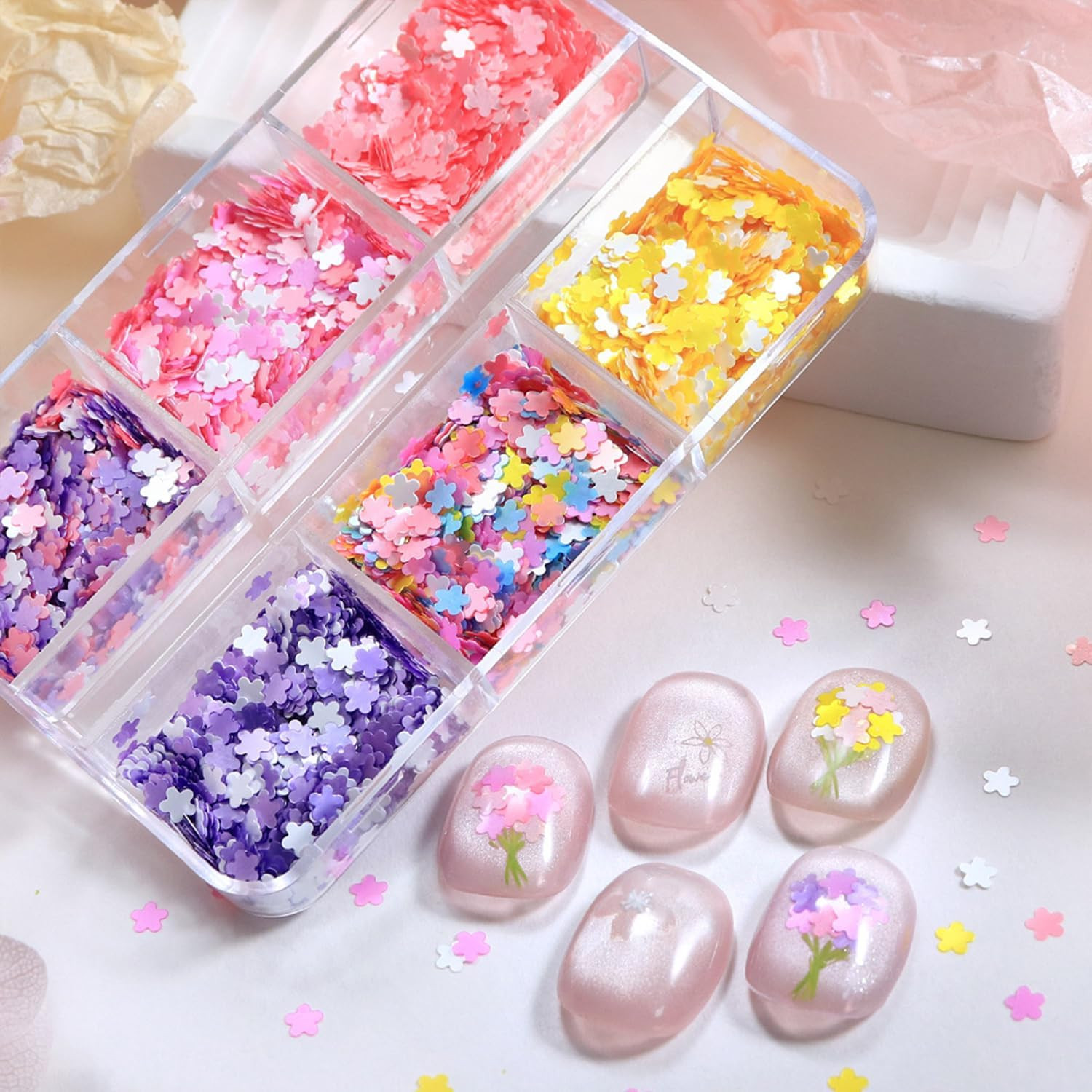 Colorful Flower Nails Sequins Spring Summer Nails Glitter Flakes Design Holograp