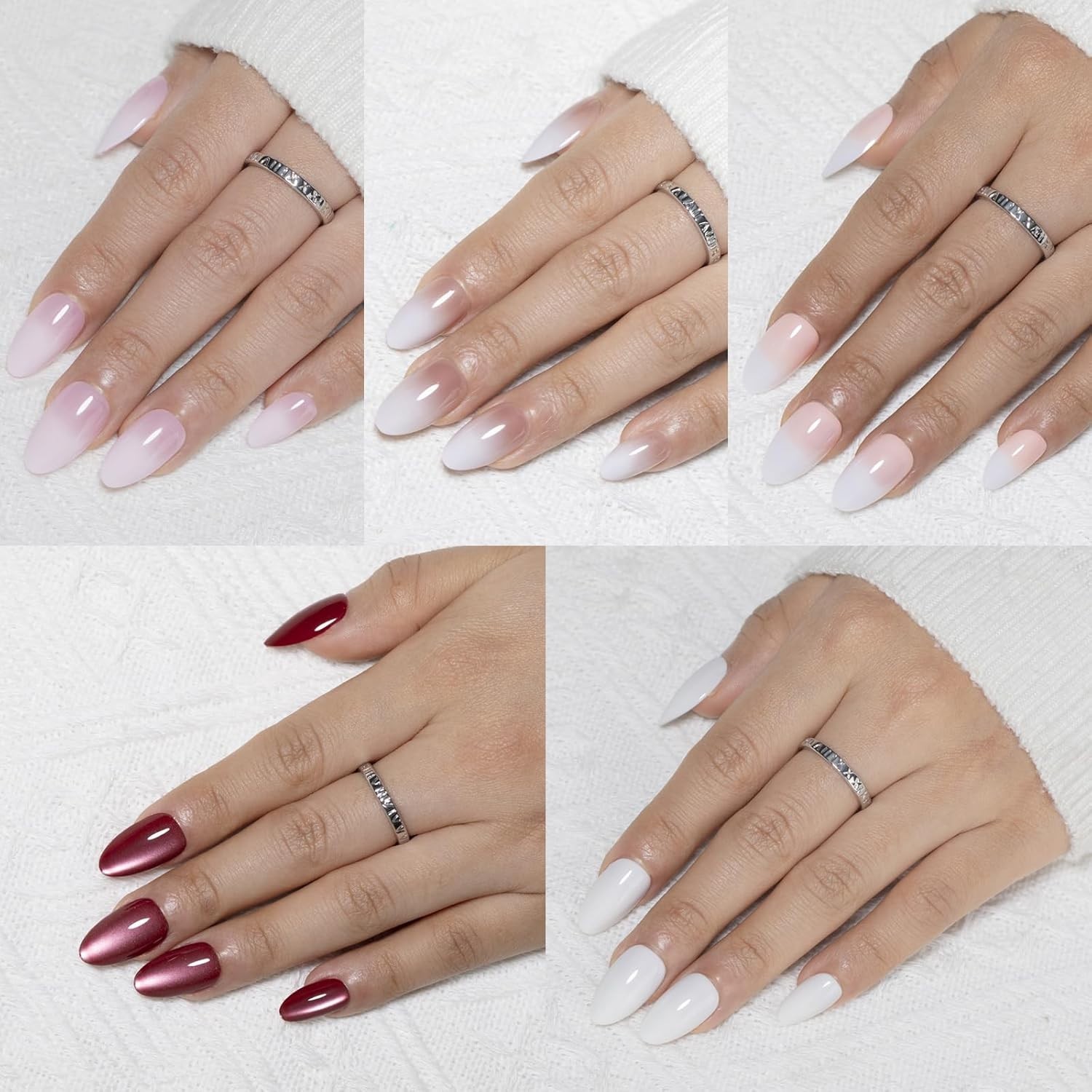5 Styles Glossy Short Almond Press on Nails, Ombre Pink Nude Brown with White, R