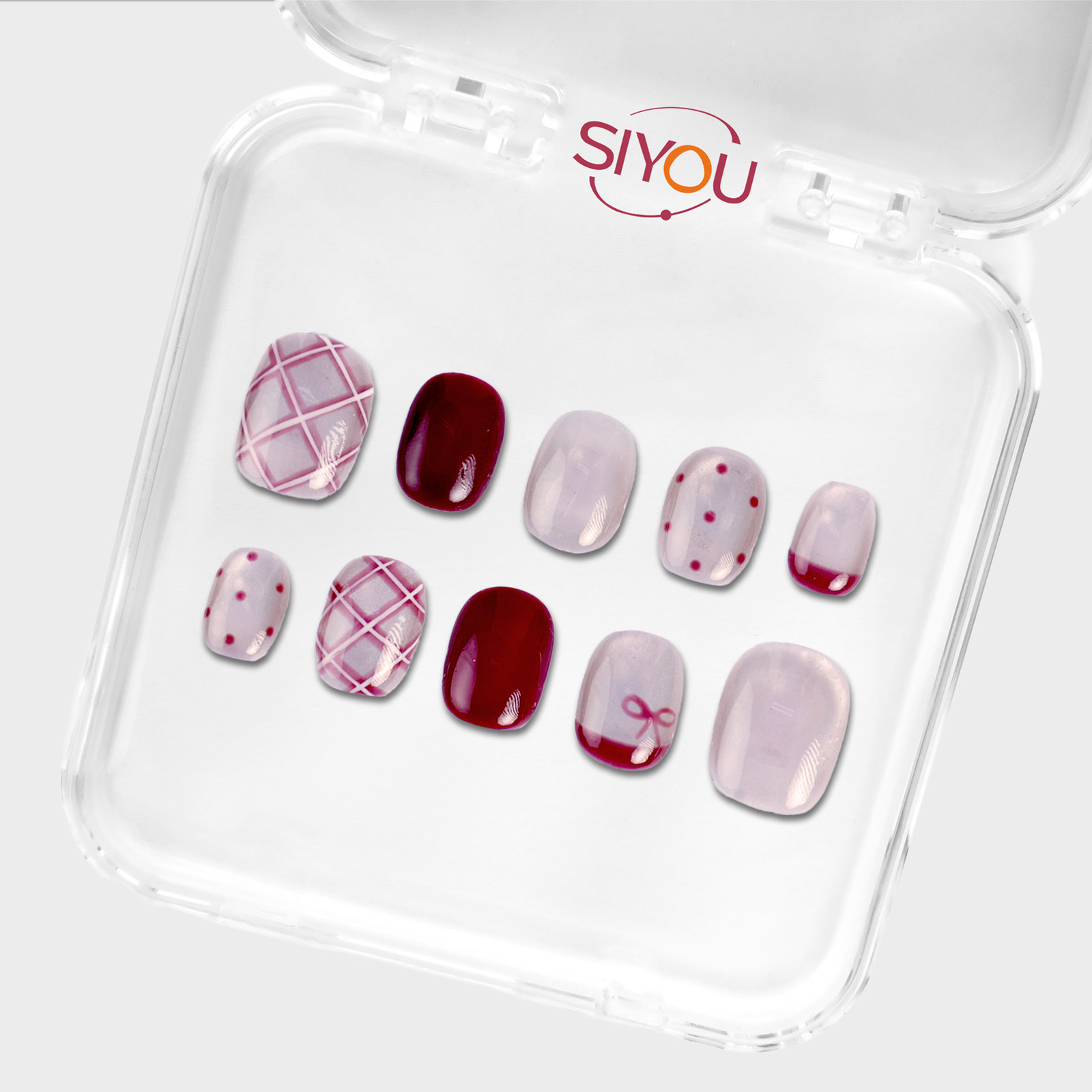 SIYOU Bordeaux Bow Short Squoval Crimson Wine French Press-On Nails 10pc