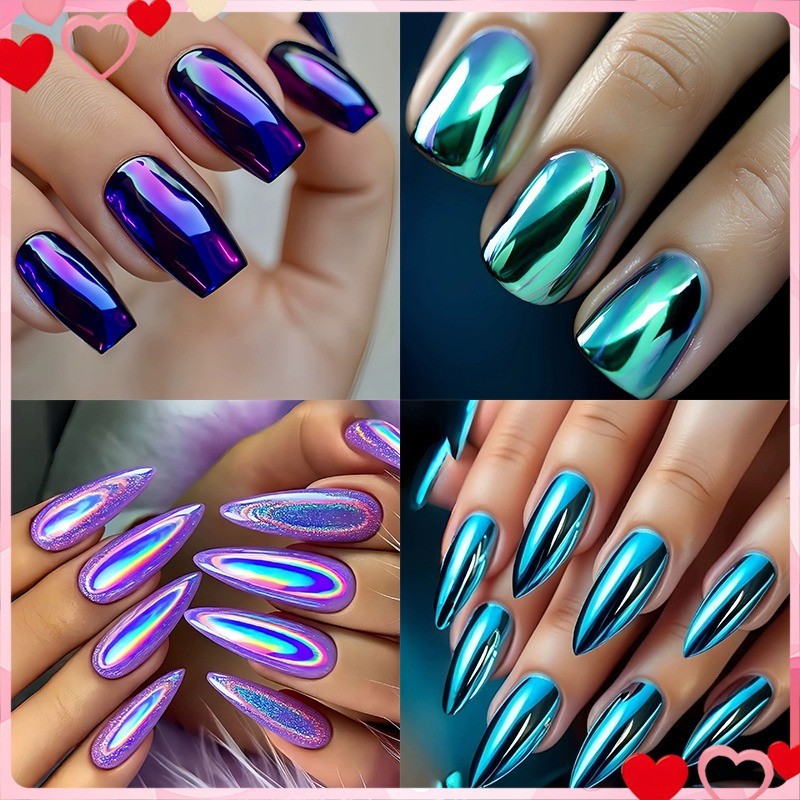 96PCS Metal Mirror Nails Reusable Purple Blue Pink Bottom Pattern Fake Nails