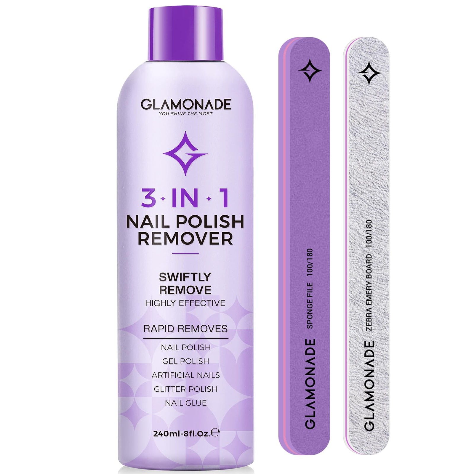 Glamonade Acetone Nail Polish Remover Kit: A4-8Oz+Nail File+Buffer, Purple
