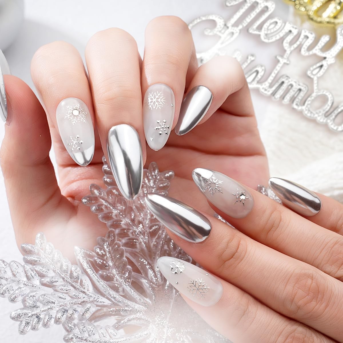 Chrome Nail Powder – Silver Mirror Effect Nail Chrome Powders, Highlight Meta…