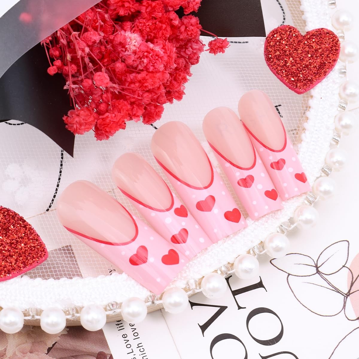 24Pcs Red Heart Press on Nails Long Square Fake Nails French Tip Glue on Nail…