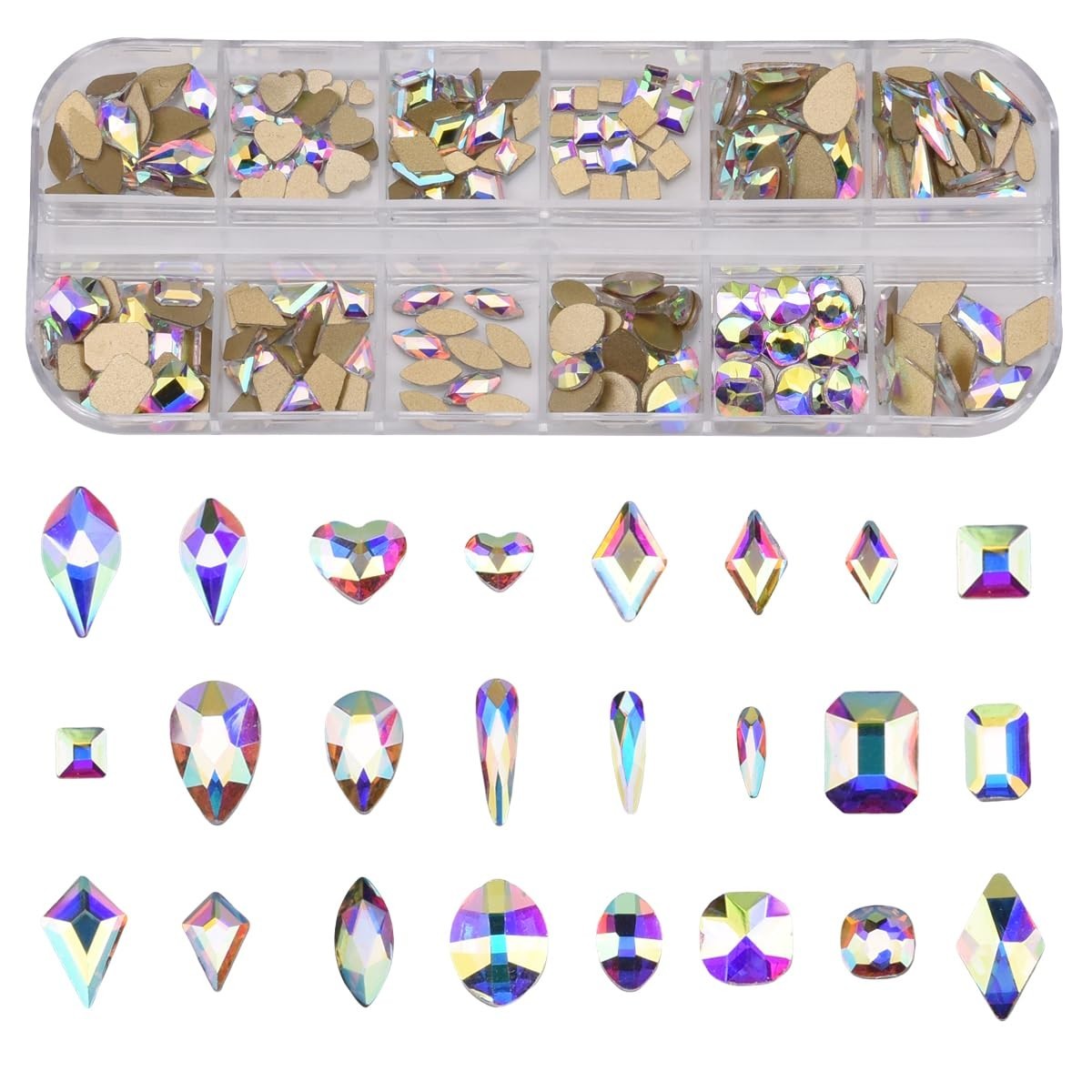 240pcs Flatback Crystals Mix – 12 Styles, Multi Sizes & Shapes for Nail Art, Cra