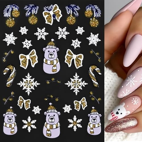 4 Sheets 5D Embossed Christmas Nail Art Stickers Decals Snowflake xmas cane