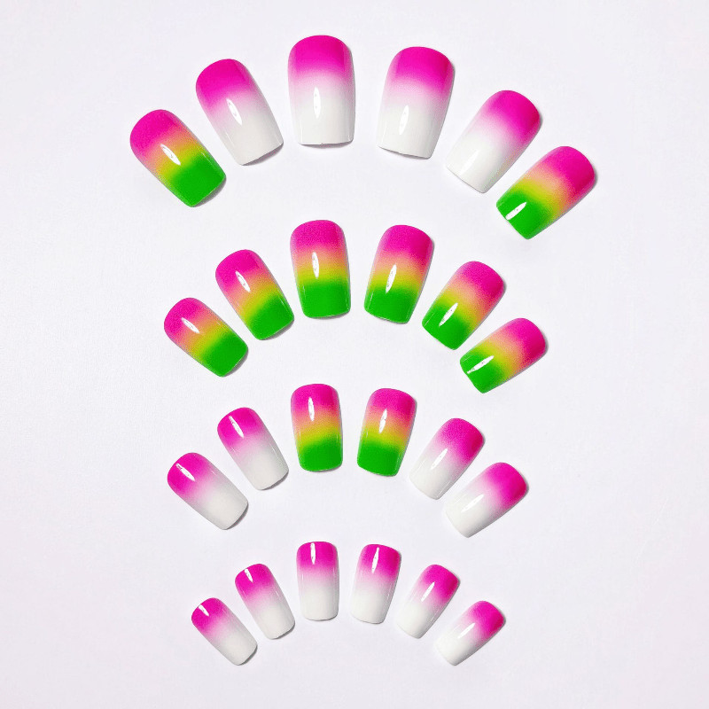 48Pcs-Bright Ombre Fake Nails Short Square Neon Pink Green White Gradient Nail