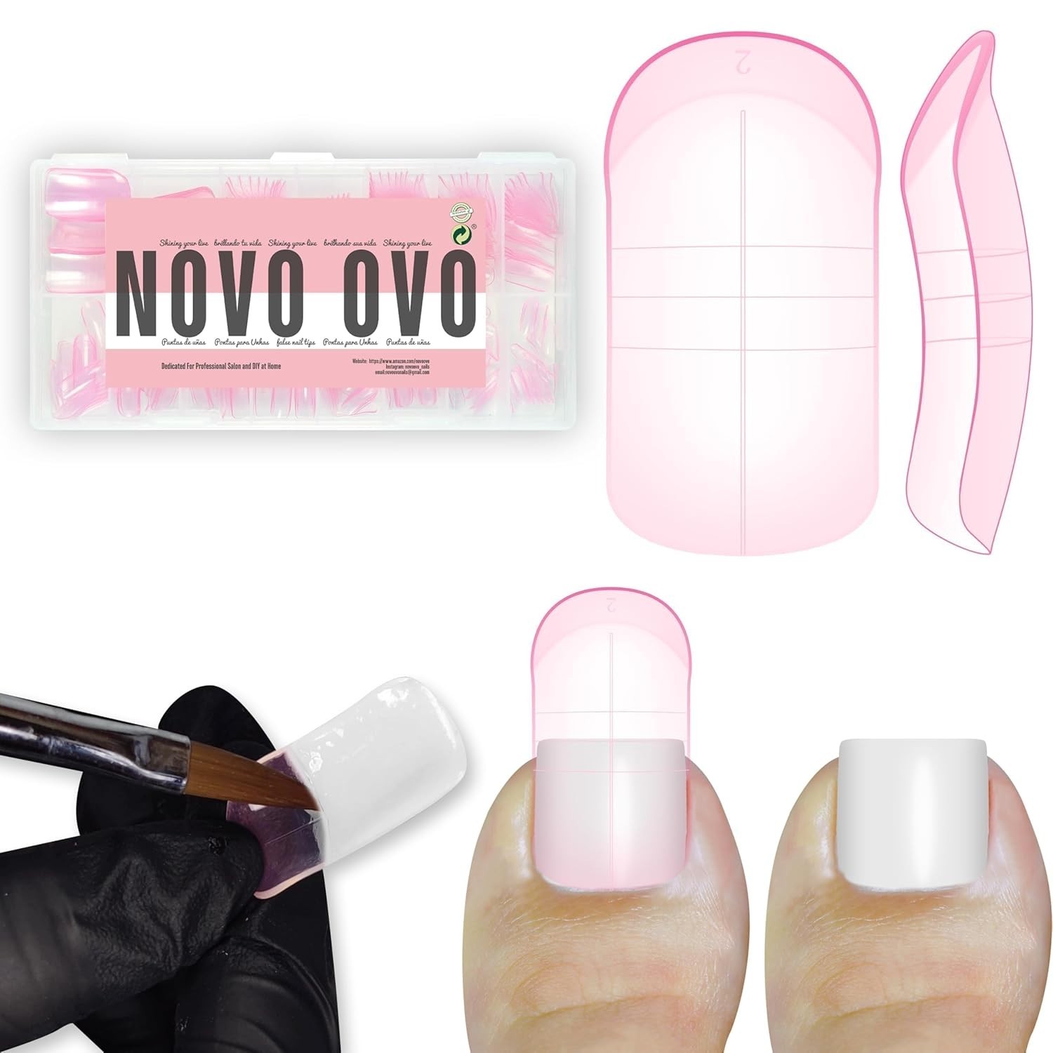 NOVO OVO 300 Pcs Toe Nail Dual Forms for Poly Gel Toenail Extension, PINK, Reusa