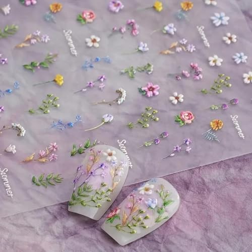 Flower Nail Stickers Summer Floral Leaf Plant 5D Embossed Nail Spring Floral