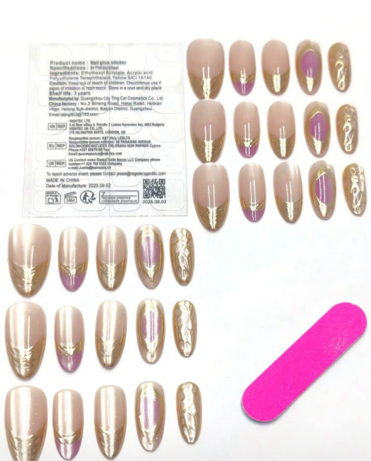 Reusable Long Almond Acrylic Press-On Nails Nude Green Gold 3D Marble