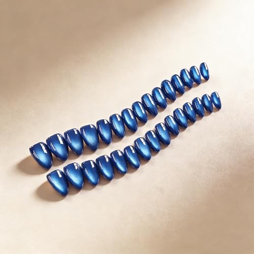 Almond – Cat Eye Press on Nails with Glue – Cateye Royal Blue
