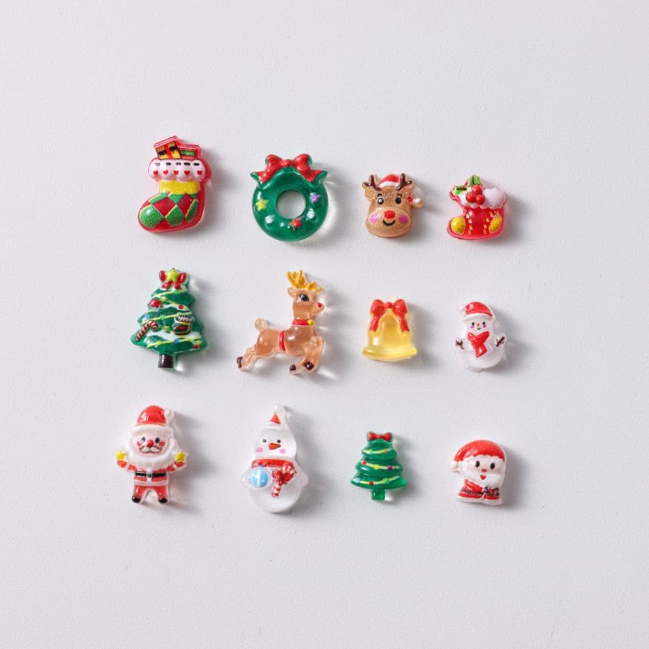 ONPRESS 12Girds/50pcs Christmas Nail Charms Colorful Mini Snowman Xmas Tree