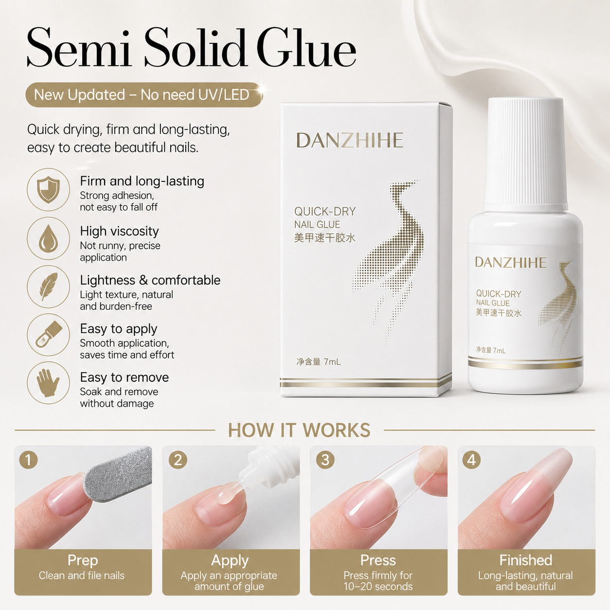 DANZHIHE 7ml Quick Dry Nail Glue Strong Hold Waterproof Long Lasting