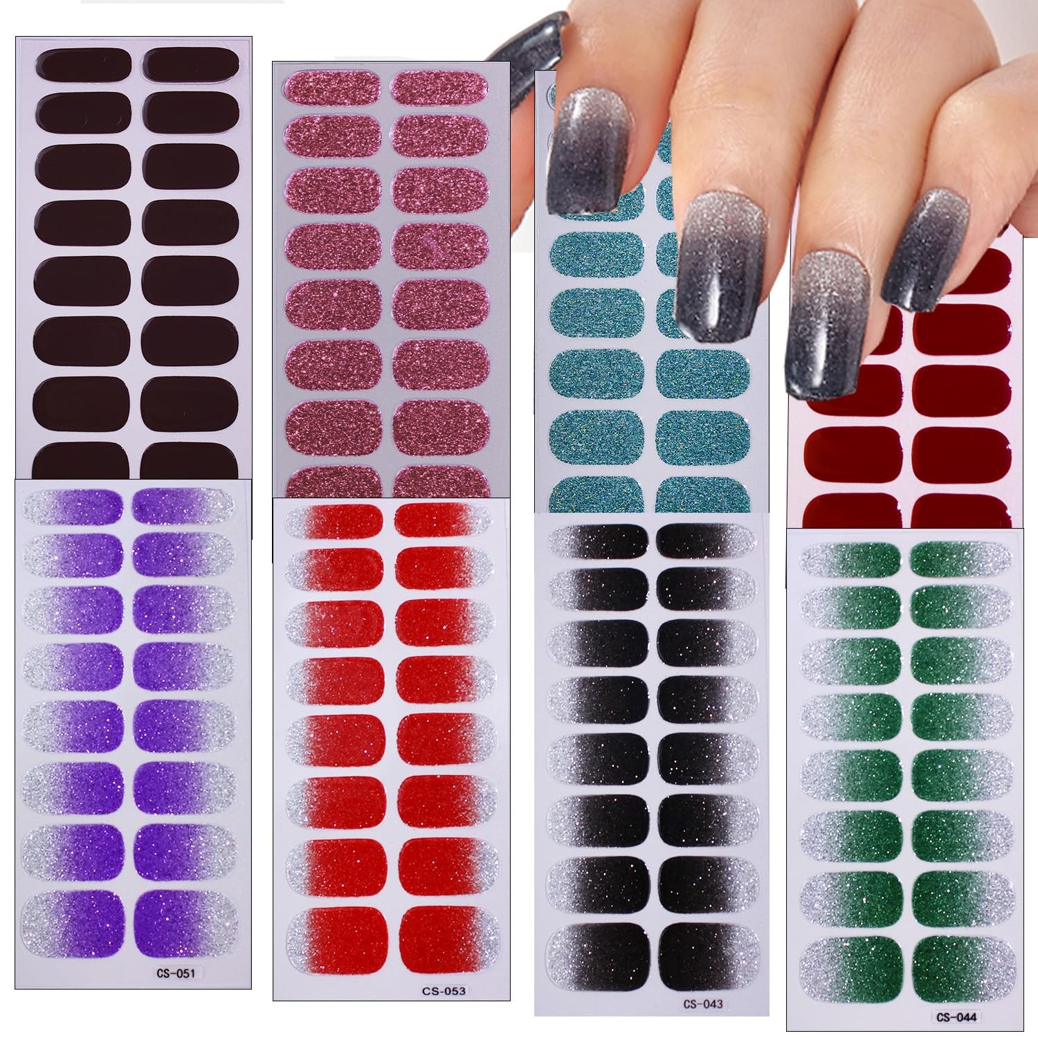 8 Sheets Semi Cured Nail Polish Strips Glitter Gel Stickers Multicolor