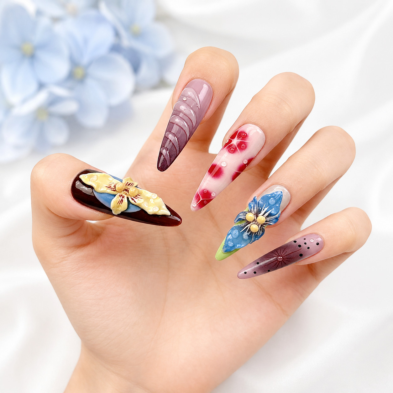 Press On Nails Extra Long Stiletto 3D Flower Butterfly Water Drop Y2K Nail Set