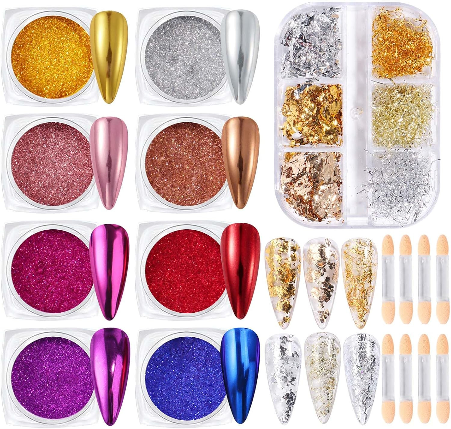 Metallic Chrome Mirror Nail Art Powder Set, Gold Silver Nail Foils Gorgeous Nail