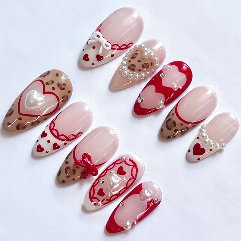 60pcs Stiletto Press on Nails, Red Leopard Heart Pearl Bow Valentines Nails