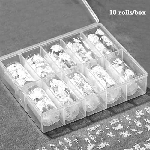 10Roll/Grid White Flowers Nail Foil Transfer Stickers 3D Holographic Nail Art