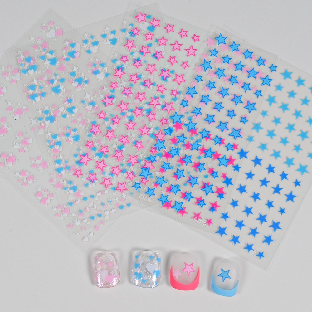 4Pcs Set Nails Stickers Blue Pink Star Heart Decals 3D Self-Adhesive Peel NH30