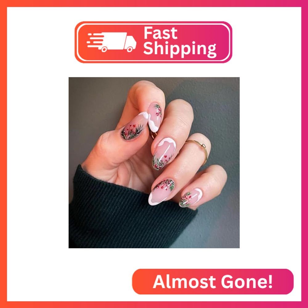 Christmas Holly Leaves Press on Nails Christmas Snow Fake Nails Acrylic Nails wi
