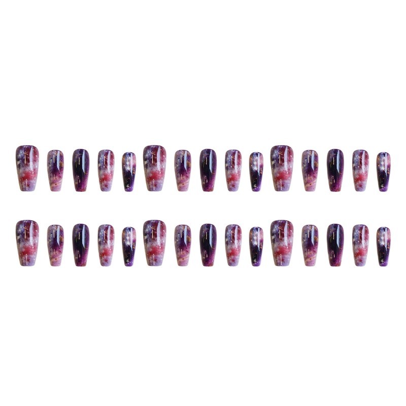 48pcs Galaxy Press on Nails Long Coffin with Purple Gradient Star Accents Nails