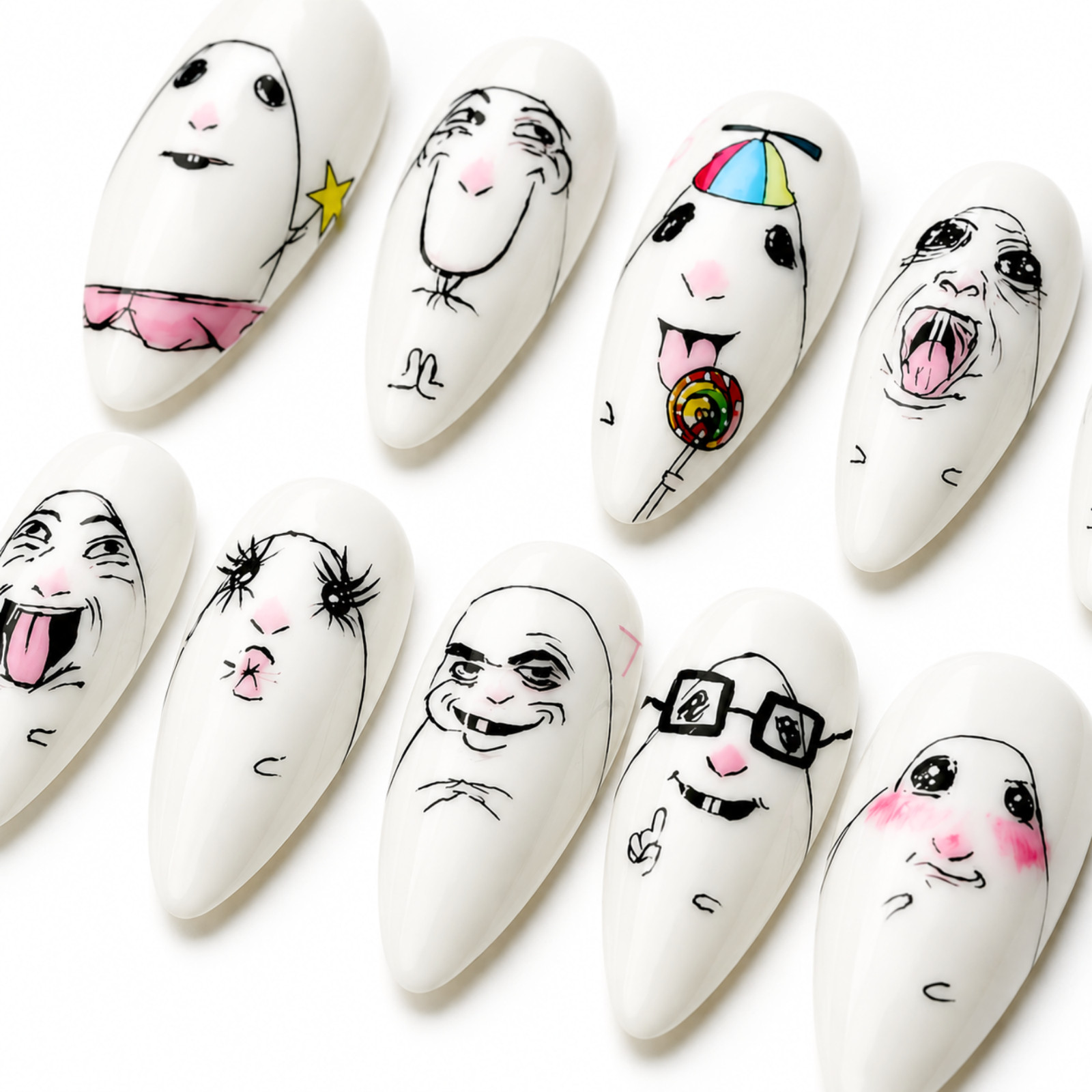 Handmade Funny Animal Face Press On Nails White Cartoon Nail Art Set
