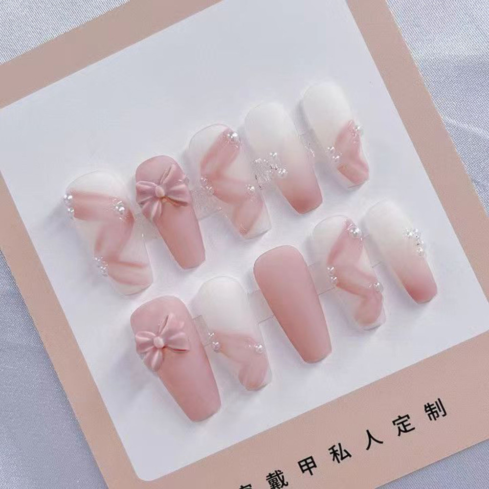 Long Coffin Fake Nail Pink Matte False Nail w/ Bow Bead French Tips Pres On Nail