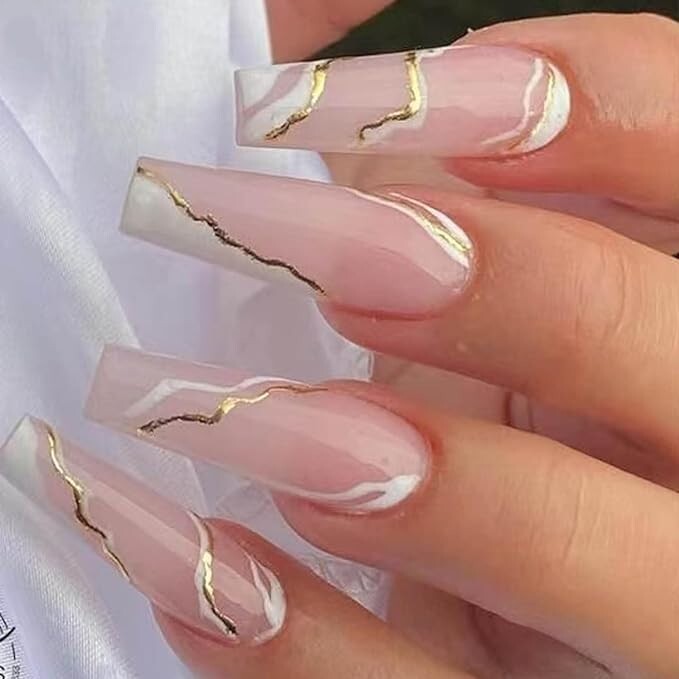 24 Nude Marble Press on nails kit glue extra long gold white