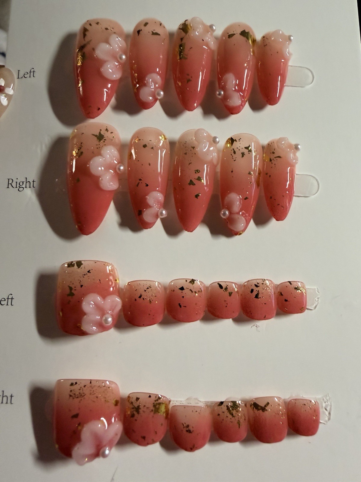 Press-On Nails Full Cover Long Almond Pink Glitter Floral Pre-Designed Set