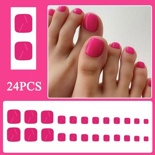 Solid Press on Toenails Short Square Pink Fake Toenails Glossy Color Hot Pink