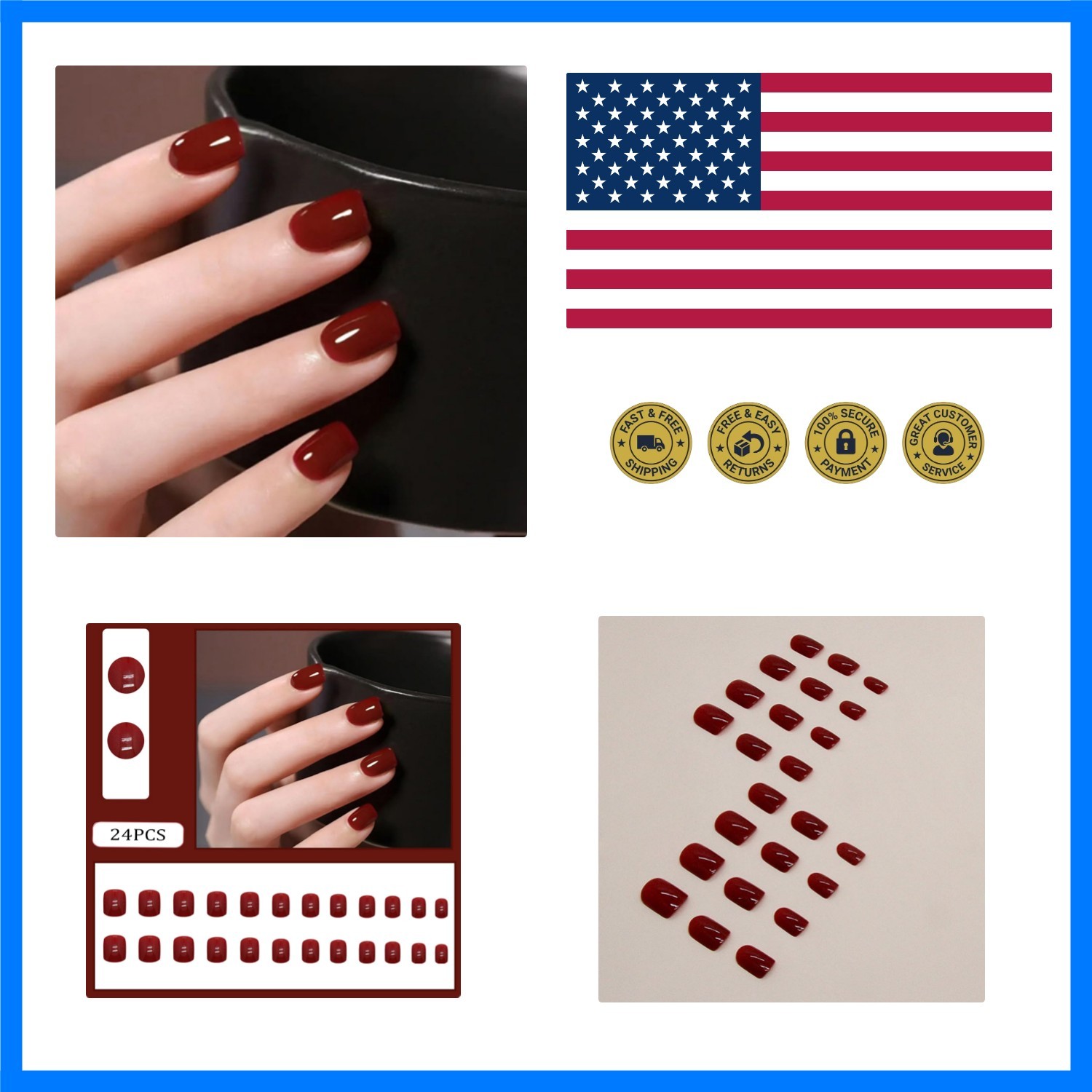 Red Press on False Nails Short 24Pcs Square Fake Nail Red Acrylic Coffin Pres…