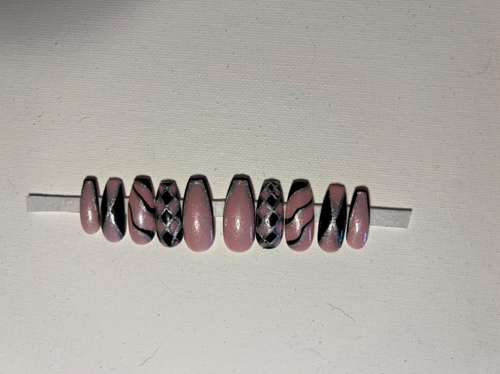 Pink Black Silver Size Small Handmade Gel Press on Nails