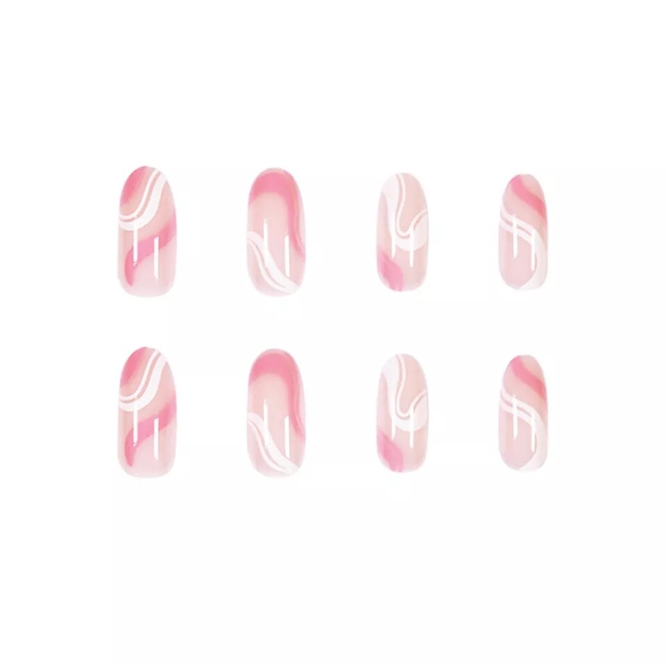 24 Pink White Swirl Press on nails kit with glue groovy wavy 70s retro nude