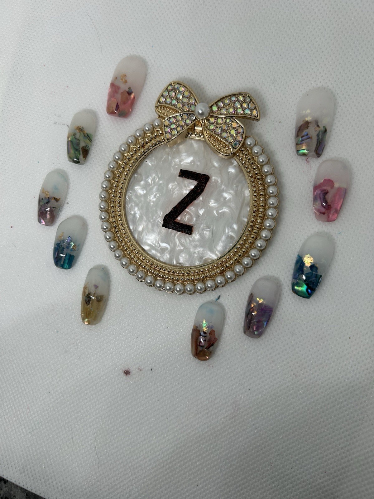 Z NAILZ! Handmade Gorgeous Milky White & Encased Abalone Shell Press On Nails
