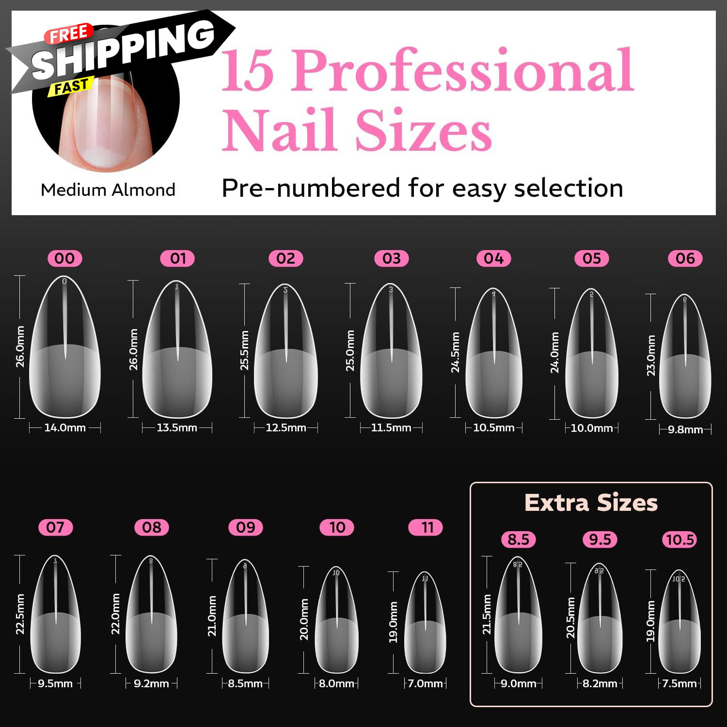 Medium Almond Nail Tips 600pcs 15 Size, 600 Piece Assortment,