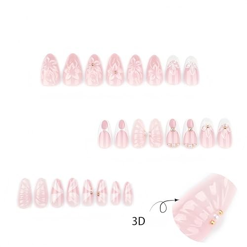 24Pcs White French Tip Press on Nails Medium Almond Fake Nails hibiscus flower