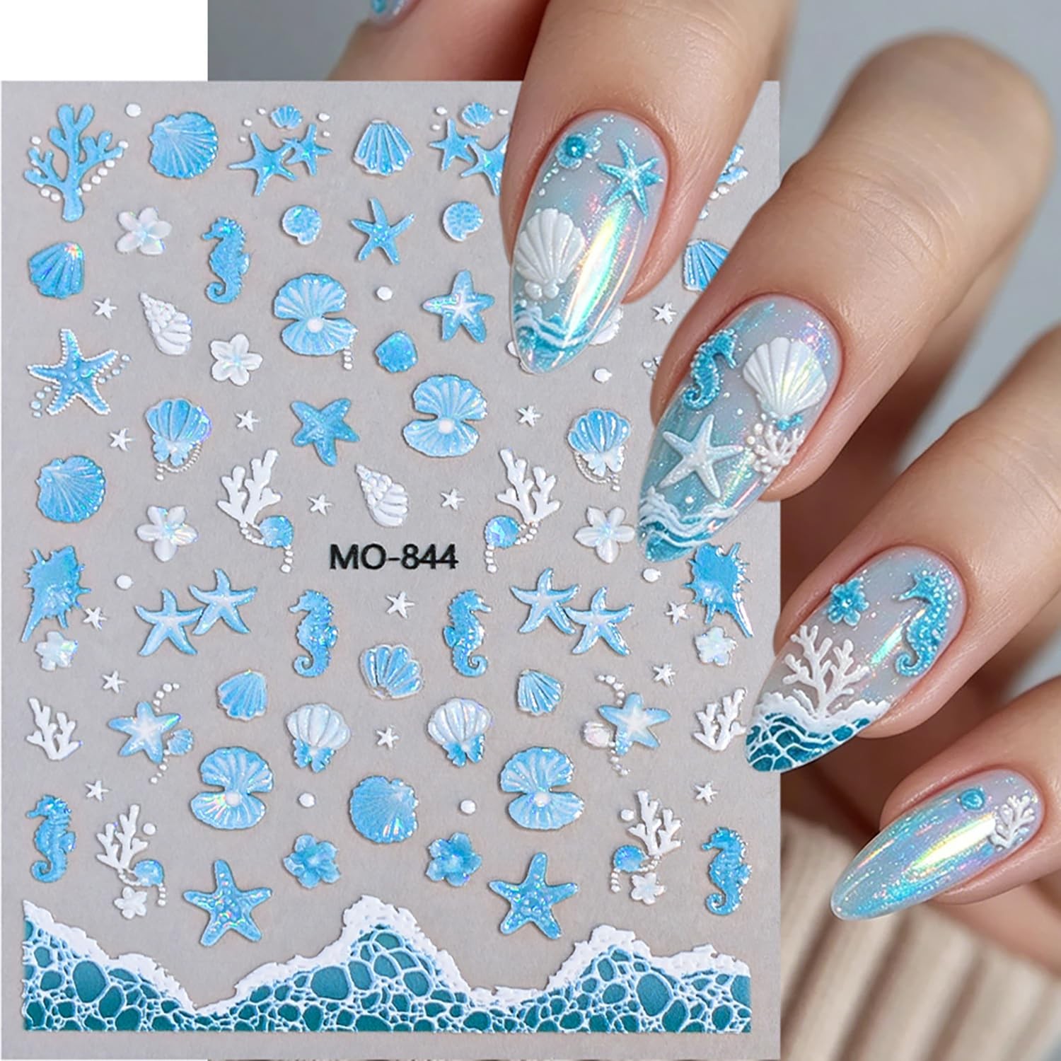 Holographic Ocean Nail Art Stickers – 6 Sheets Self-Adhesive Sea Star Shell C…