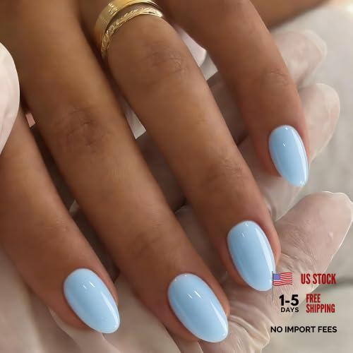 Pastel Soft Blue Press on Nails – Oval – 32 Pcs – 16 Sizes – Gel Fake